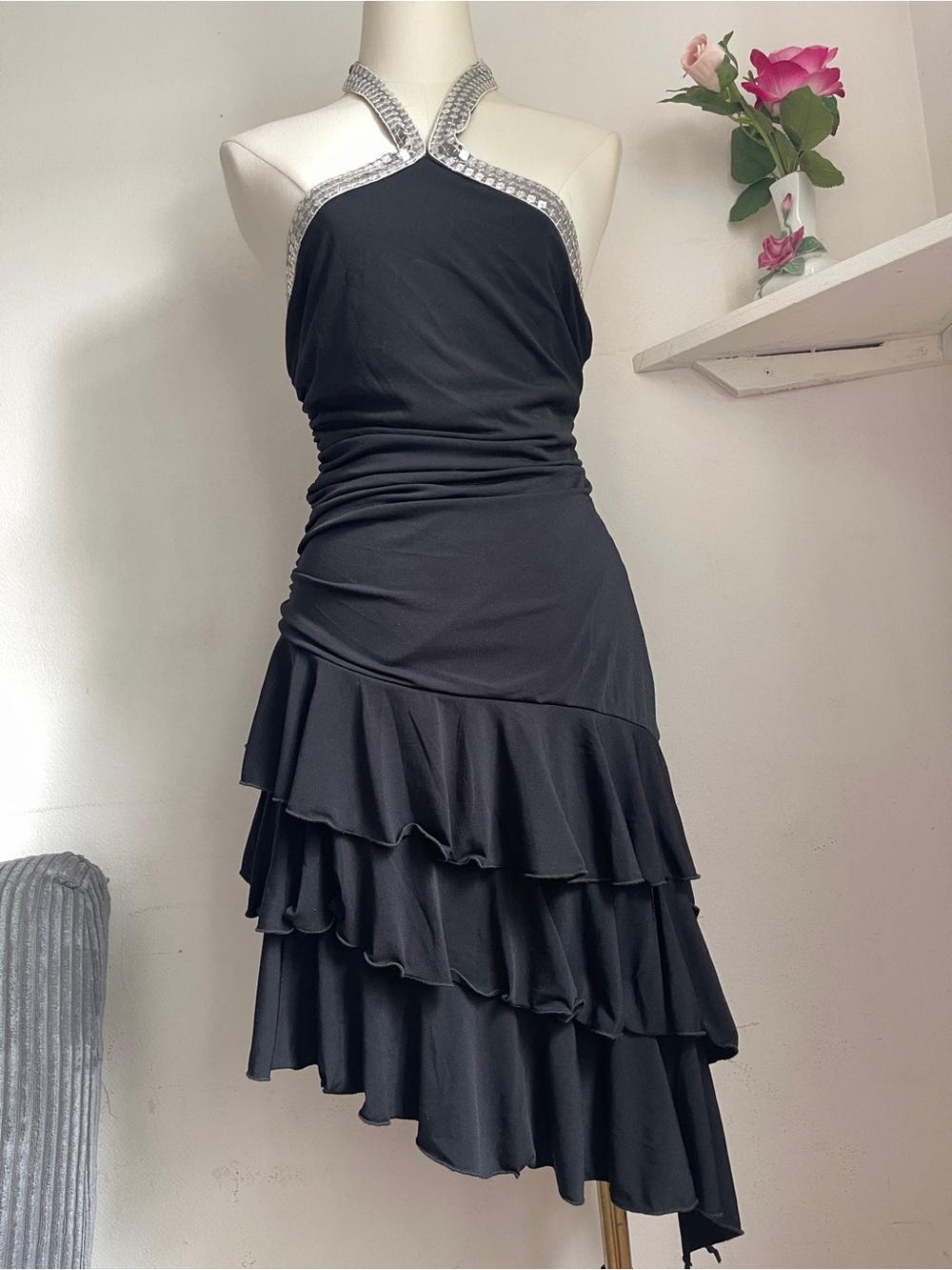 Vintage Black One-Shoulder Ruffle Dress with Silver Trim